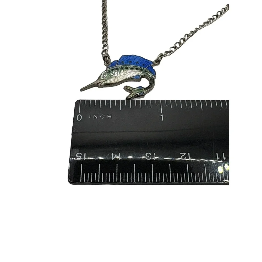 Vintage Tie Bar Clip Enamel‎ Swordfish Silver Tone Dangle Chain Nautical Fish